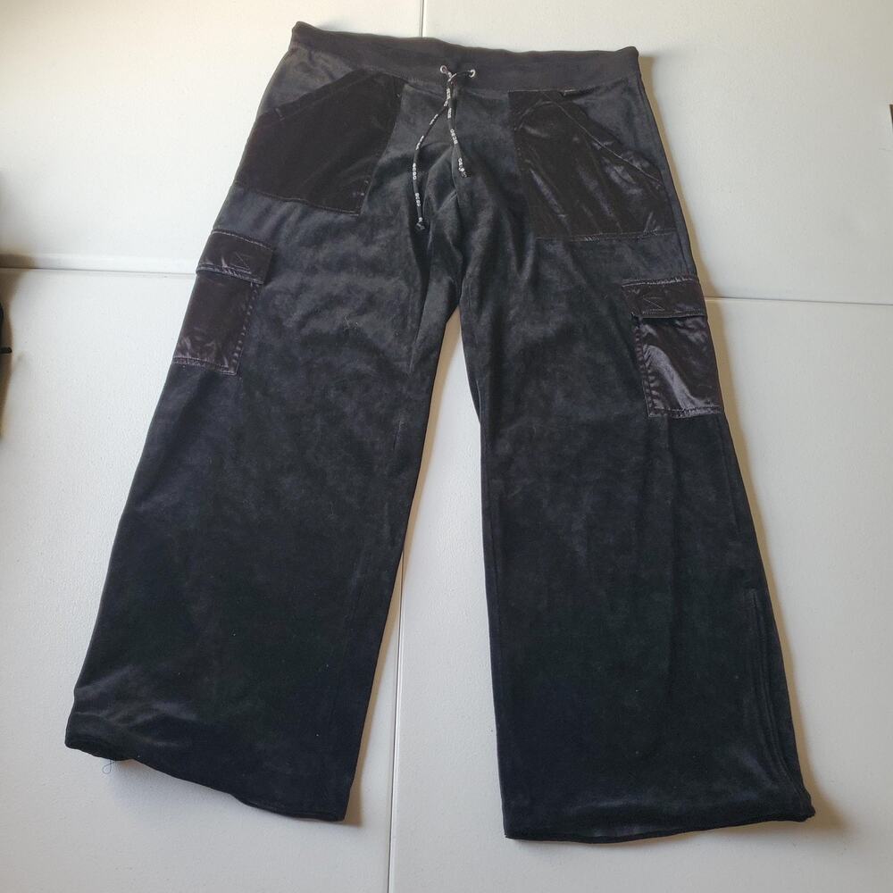 Y2K BCBGMAXAZRIA Pants Women XL Black Velour Low Rise Cargo Crop Elastic Waist